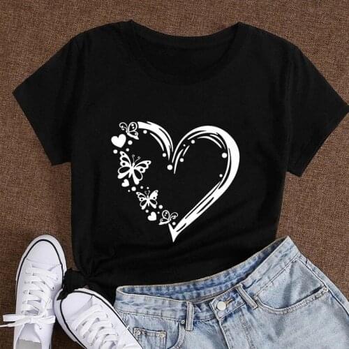 Women Summer T Shirt Cotton Plus Size 3XL Casual Short Sleeve Heart Butterfly Print T-shirts Graphic Tee Shirts Tops Clothing