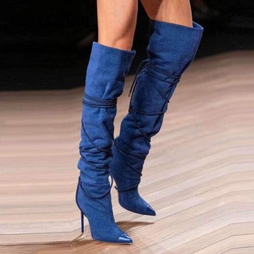 2021 Spring Women Over The Knee Boots Navy Blue Winding Strap Thin High Boot Sexy Pointed Toe Fabric Runway Shoes Botas De Mujer