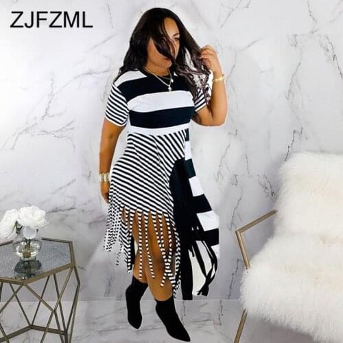 Casual Black White Stripe Print Asymmetry Dress Women O Neck Short Sleeve Plus Size Dress Summer Tassel Spliced Club Party Dress