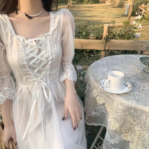 2021 Summer Lace Sweet Elegant Dress Women Evening Party One Piece Dress Korean Kawaii Short Sleeve Dress Female Square Collar