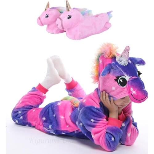 Girls Boys Winter Unicorn Kigurumi Pajamas Cartoon Anime Animal Onesies Kids Sleepwear Flannel Warm Jumpsuit Children Pajamas