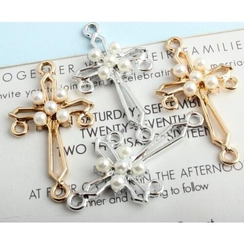 10PCS/Lot Silver Gold Color Charms Hollow Crosses Shape DIY Charm With Imitation Pearl Charms For DIY Jewelry Making