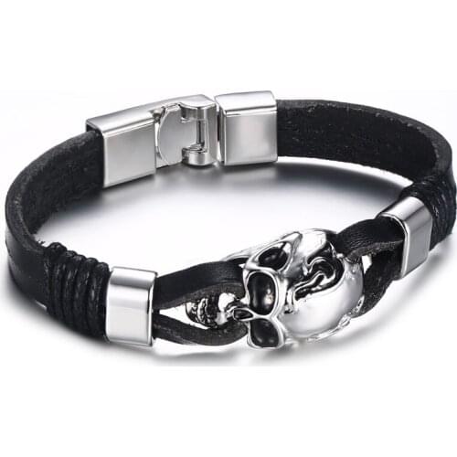 2021 Fashion Alloy Skull Leather Material European And American Punk Style For Mens Personalized And Charm Bracelet