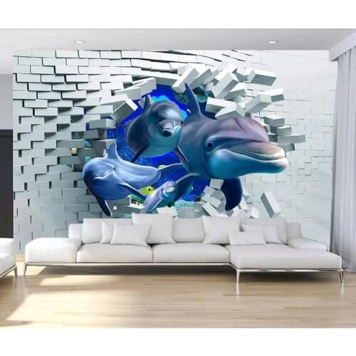 3D brick wall broken wall deep sea animal dolphin three-dimensional living room background wall
