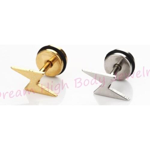 Lightning Earring Flash Gold Black Titanium Steel Men Ear Stud Punk Cut Cheaters Fake Plug Jewelry For Women Girl 60pcs