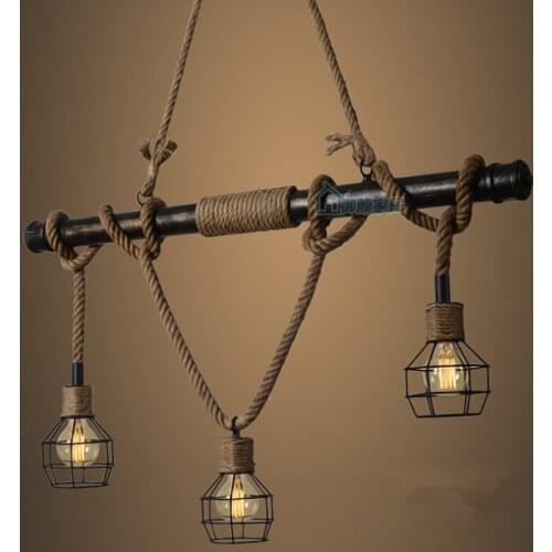 American Country E27 Edison Industrial Vintage Metal Water Pipe Hemp Rope Pendant Light Home Decoration Drop Lamp Rustic Loft