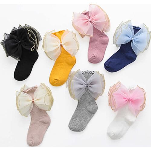 Children Tube Socks Organza Bowknot Princess Wind Socks Baby cotton Fungus and Let Go of The Girls Black Ordinary Socks Cartoon