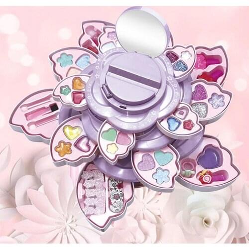 Childrens Birthday Gift Makeup Toys Washable Cosmetic Set Pretend Play Makeup Set Princess Makeup Rotating Flower Box