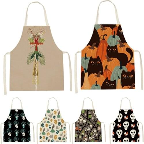 Skull Pattern Pumpkin Cat Print Sleeveless Apron ChildrenS Cleaning Home MenS And WomenS Kitchen Waist Bib Anti-Fouling Apron