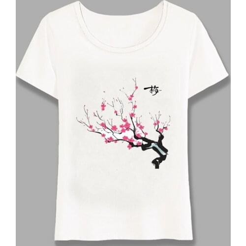 Cherry Blossom Art Print T-Shirt Summer Fashion Women T-Shirt Japanese Style Girl Casual Tops Simple Girl Tees Harajuku