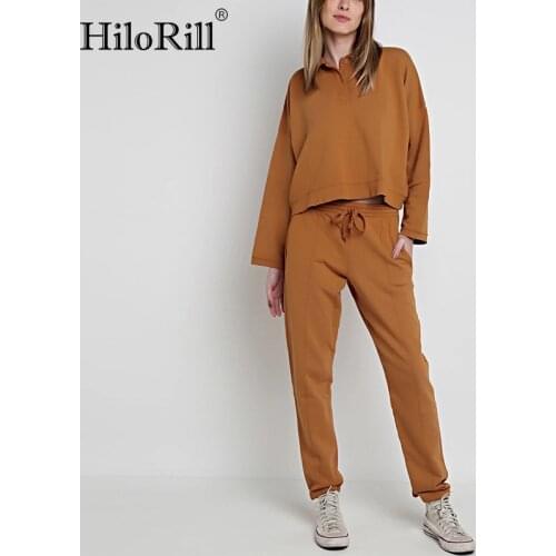 HiloRill Women Casual Solid 2 Piece Set Turn Down Collar Batwing Sleeve Loose Tops Pleated Long Pencil Pants Ladies Outfits 2021