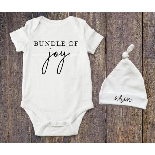 Custom Name Bodysuit with Matching Newborn Baby Caps Set 100% Cotton White Baby Clothing Personalized Baby Outfit Baby Onesie