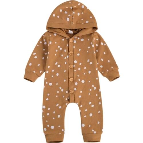 Newborn Casual Style Romper, Toddler Polka Dot Pattern Long Sleeve Button Down Hooded Jumpsuit