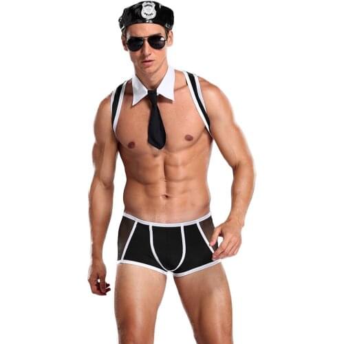 Sexy Mens Police Costumes Set Cop Cosplay Bodysuit Set Exotic Hollow Out Gays Bondage Lingerie Underwear Nightwear BDSM