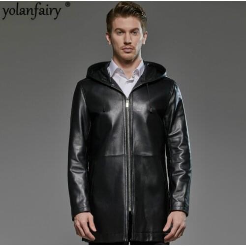 2020 Plus Size Mens Genuine Leather Jacket Hooded 100% Sheepskin Coat Long Windbreaker Chaqueta Cuero Hombre 181719 KJ2291