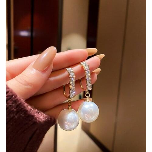 LOVOACC Vintage Bling CZ Zirconia Oversize Pearl Dangle Earrings for Women Round Simulated Pearl Hook Earrings Wedding Brincos