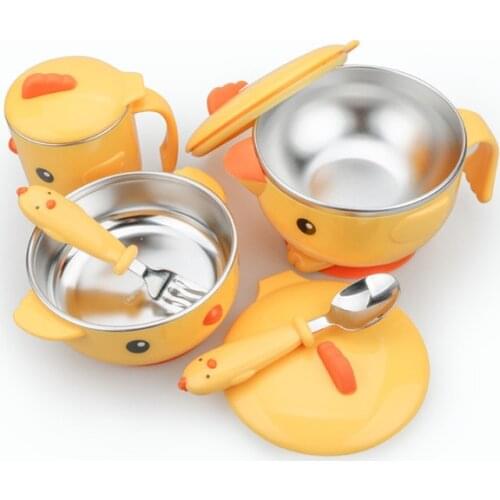 5 Piece Set Baby Bowl + Spoon + Fork Feeding Tableware Cartoon Chick Children Tableware Tableware Anti-scalding Training Plate