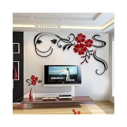 Rich lucky flower crystal three-dimensional wall stickers Rose blossom Living room 3d background flower vine butterfly DIY art