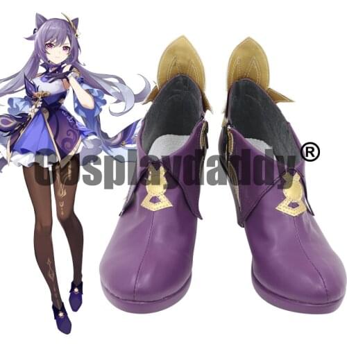 Genshin Impact Liyue Yuheng Driving Thunder Keqing Cosplay Purple Shoes Low Slung Heel Booties C006