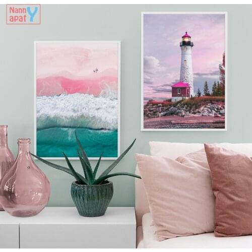 Nordic Posters and Prints Lighthouse Pink Beach Sea Bridge Quotes Wall Art Canvas Painting Wall Pictures for Living Room Decor