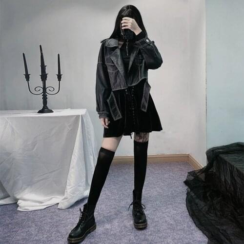 Korean Loose Long sleeve Imitation leather Jacket Women Short Outerwear Turndown collar Streetwear Chic Hem Casual Biker Jacket