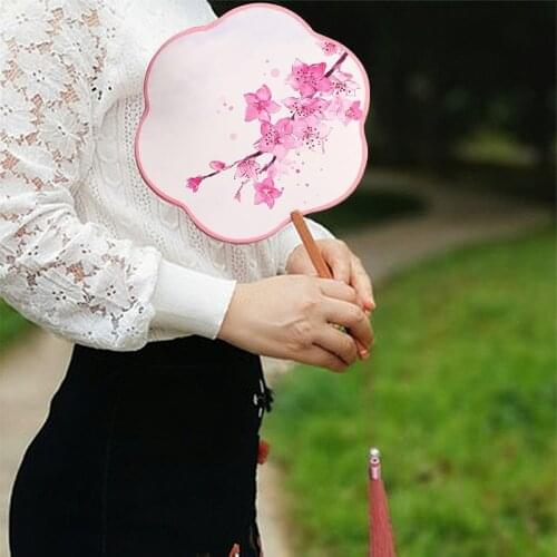 Long Handle Fan Flower-Shaped Archaistic Circular Fan Women Court Round Fan Chinese Style Classical Long Handle Tassel Retro Fan