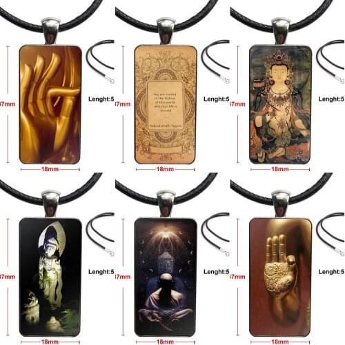 Vintage Jewelry Steel Color Glass Cabochon Choker Pendant Long Rectangle Necklace For Women Gift Buddha Bless You