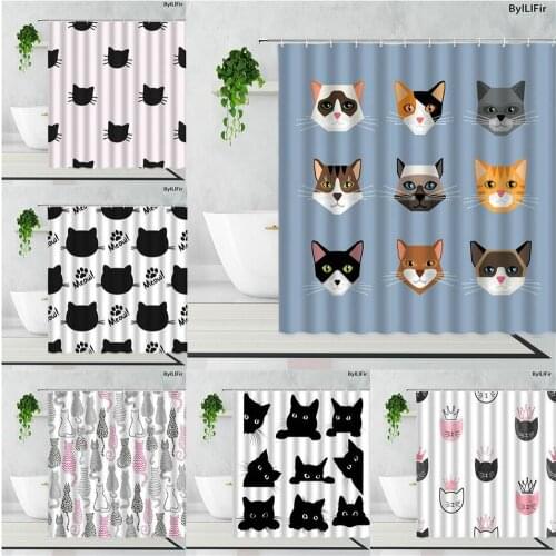 Cute Pet Pink Black Cat And Dog Shower Curtain Funny Cartoon Animal Childrens Bathroom Decor Curtain Waterproof Bathtub Screen