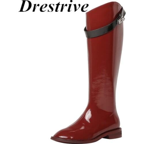 Drestrive Patent Leather Women Knee High Boots Round Toe Zipper Low Heels 2021 Fashion Winter Shoes Black Size 42