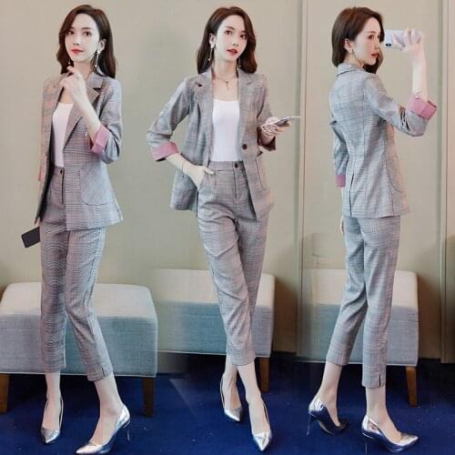Spring and Autumn Womens Professional Suit Two-piece High Quality Fashion Plaid Ladies Jacket Office Slim Cropped Trousers