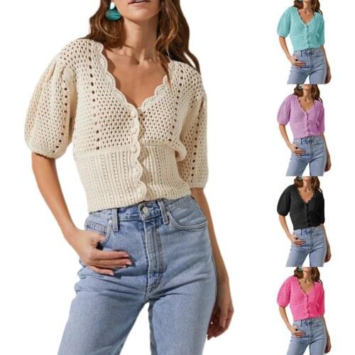 Women Sweater Hollow Out Puff Sleeve Autumn Solid Color Single-breasted V Neck Knitted Top for Daily Wear