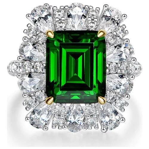 Luxury 9*11mm Green Emerald Rings with Full Diamond for Women Real 925 Sterling Silver Wedding Engagement Party Fine Jewelry