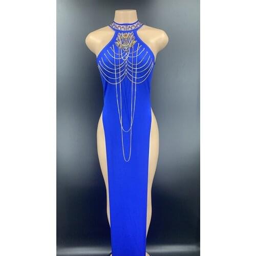Blue Color Ladies Off the Shoulder Sexy Bodycon High Open Folk Dress Clubnight Party Singer Stage Wear Wholesale
