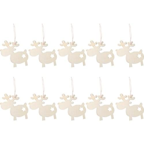 10PCS Hanging Wood Christmas Ornaments with Hemp Rope Christmas Elk Xmas Gift Wooden Pendants Decorations