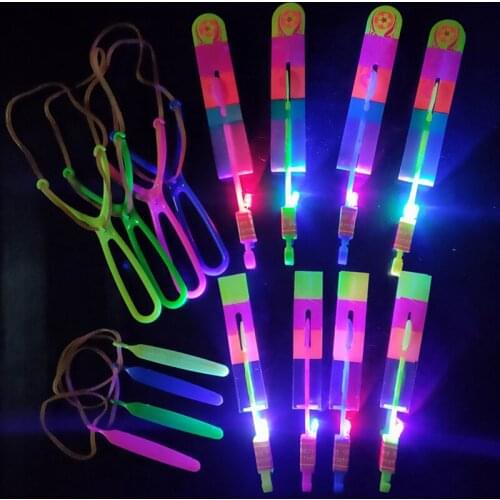 10PCS Outdoor Shining Rocket Flash LED Light Night Kids Luminous Slingshot Toys Shine Slingshot Elastic Helicopter Rotating Toy