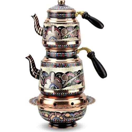 Morya Copper Teapot Infuser Teaware Turkish Handmade Tea Pot Kettle Set Warmer Cover Heater Multi Colour 2.5 Lt 5-6 3persons
