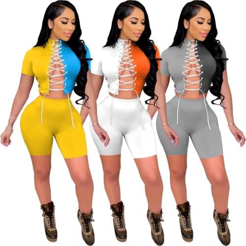 Fashionable Women Suits Summer Color Contrast Criss-Cross Lace Up Top High Neck Short Sleeve Casul Skinny Shorts Straight Shorts