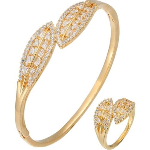 Trendy Clamper Leaf CZ Bangle Ring Set RB61454 Jewelry Women Bling Charm Elegant Bracelet Party Gold Silver Plated