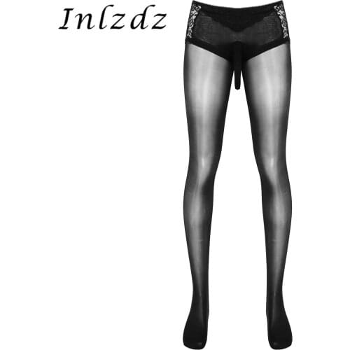 Mens Erotic Sexy Stretchy Pantyhose Stocking Lingerie Underwear Bulge Pouch See-through Lace Patchwork Tights Hosiery Sleepwear