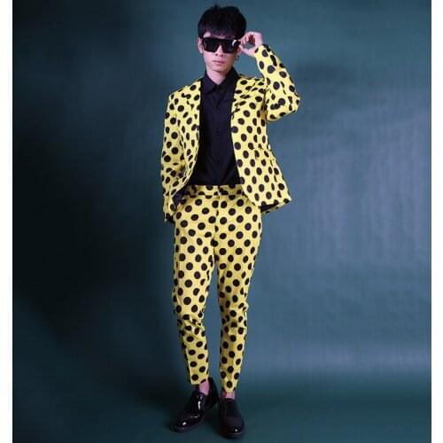 Men Yellow Wave Point Suit Performance Wear Street Dance Wear Stage Costume Nightclub Suit Long Sleeves Dance Wear VDB1895