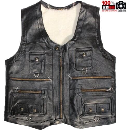 2021 Mens Fur Integrated Thermal Leather Vest Multi-Pocket Thickened Real Leather Vest