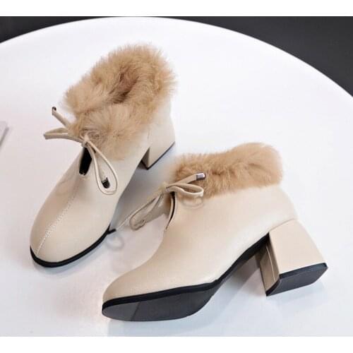 2020 Winter New Thick Heel High Heel Boots Fashion Retro Womens Boots Plus Velvet Lace-up Martin Boots Womens Shoes W22-70