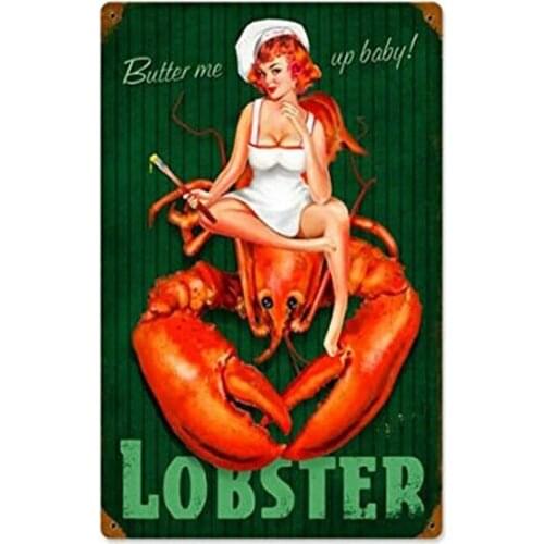 Retro tin paintings Stylish Vintage Tin Sign " Butter Me By! Lobster Sead Pin Girl" n Cave