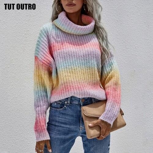 Autumn Winter Turtleneck Knitted Sweaters Women Fashion Rainbow Striped Tie Dye Pullover Female Casual Long Sleeve Loose Jumper