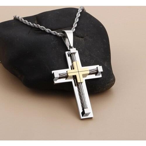 Punk Hip Hop Gold Color Crucifix Jesus Cross 316L Titanium Steel Pendant Necklace for Men Charm Male Jewelry
