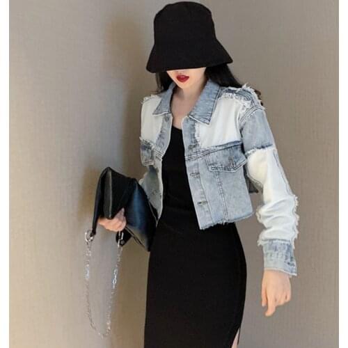 Vintage Autumn Spring Women Punk Tassel Stitching Raw Edge Denim Coat Short Blue Jean Jackets Female Streetwear Button Outwear