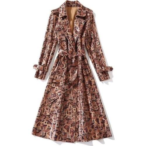 Womens European and American clothing 2021 autumn new style Leopard print with long sleeve lapels lace-up Trench coat