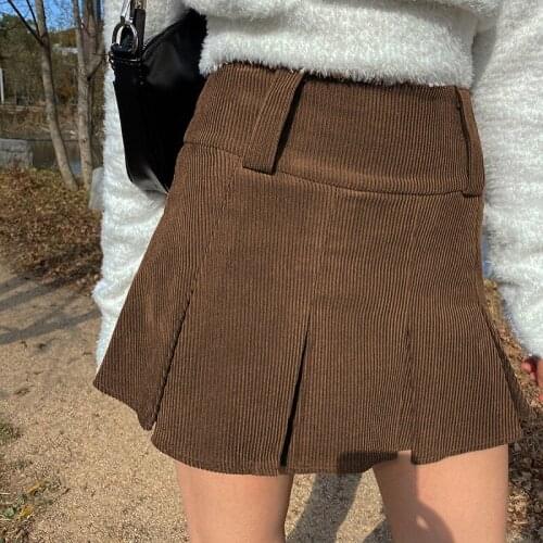 Retro Pleated Skirt Women Brown Corduroy High waist 90s Y2K Harajuku Streetwear Aesthetic School Girl Mini Cute Kawaii Skirt