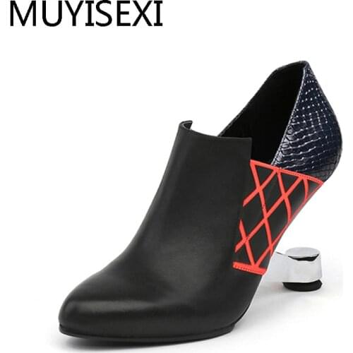 High Shoes Woman 9 cm Metal Heel Womens Pumps Genuine leather Round Toe Slip-on Elastic Band Women Shoes Autumn HL47 MUYISEXI