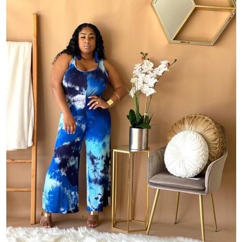 European and American Large Size Female Bag Hip Jumpsuit Low Collar Tie-Dye Printed Womens Suspender Trousers Wide Leg Jumpsuit